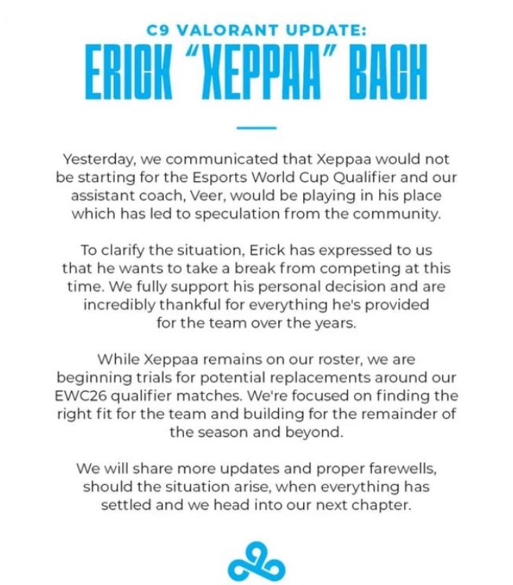 Стрелок Cloud9 Xeppaa делает перерыв в карьере, команда открывает пробы на освободившийся слот